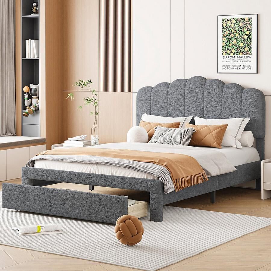 KOMHTOM Bed met laden Tweepersoonsbed 140x200 cm huidvriendelijke stof met opbergvakken Grijs