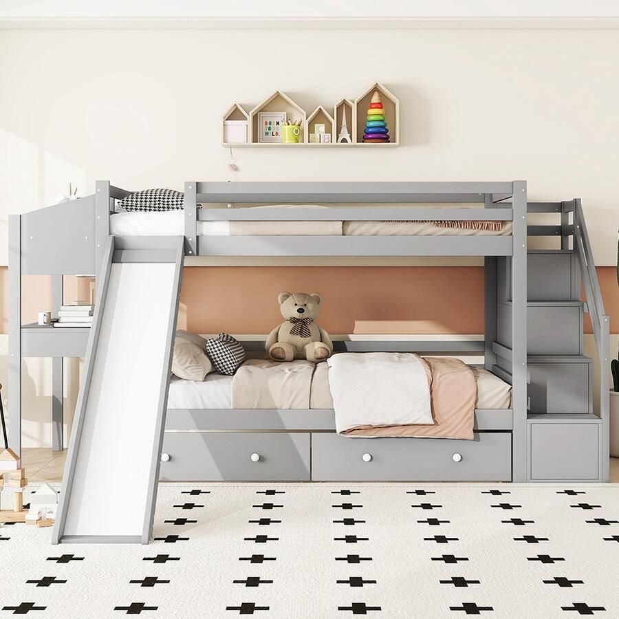 KOMHTOM Bed Stapelbed 90x200 cm Kinderbed met glijbaan tafel opbergladder twee opbergvakken onder het bed veelzijdig grijs