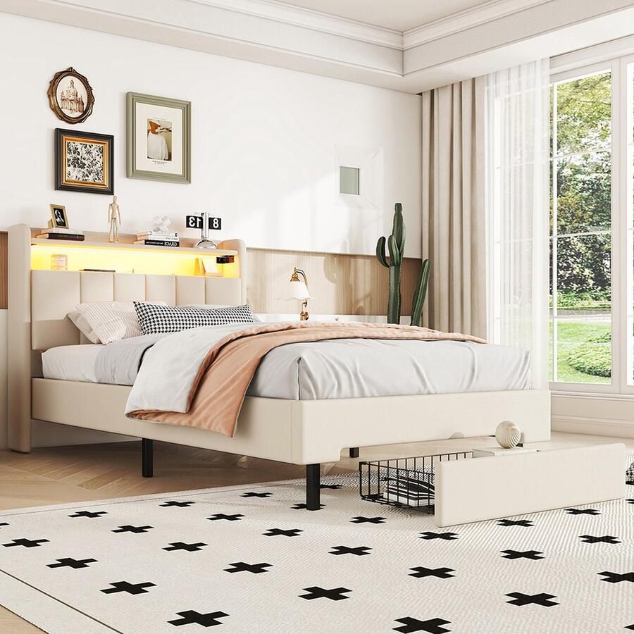 KOMHTOM Eenpersoonsbed 90x200 cm gestoffeerd bed LED-warmtelamp ingebouwd opbergvak bedlades beige