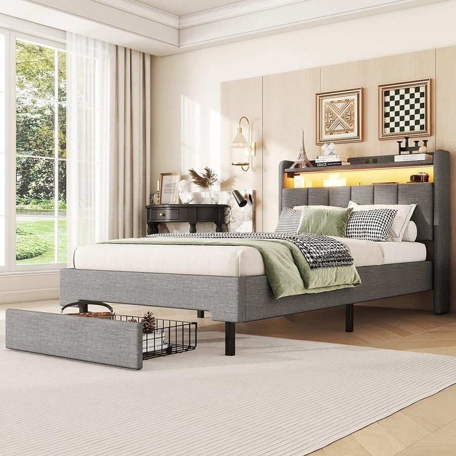 KOMHTOM Eenpersoonsbed 90x200 cm gestoffeerd bed LED-warmtelamp ingebouwd opbergvak bedlades grijs