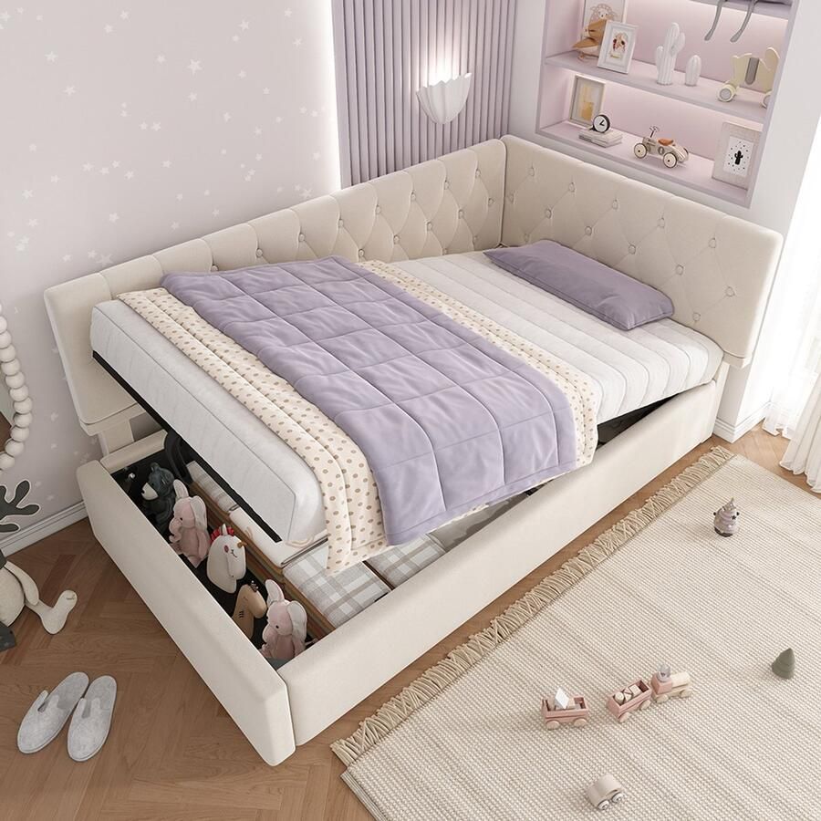 Pugsdrly Gestoffeerd bed daybed 90x200cm slaapbank met hydraulische opbergruimte kinderbed tienerbed houten lattenbodem fluweel beige zonder matras