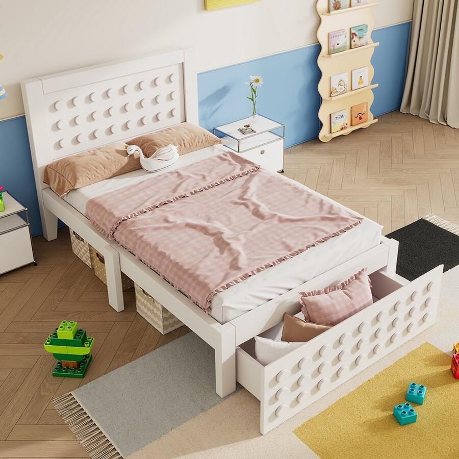 Komhtom Houten eenpersoonsbed 90 x 200 cm kinder- tienerbed met creatief blokkenontwerp massief houten frame met lattenbodem lades en opbergruimte onder het bed wit zonder matras