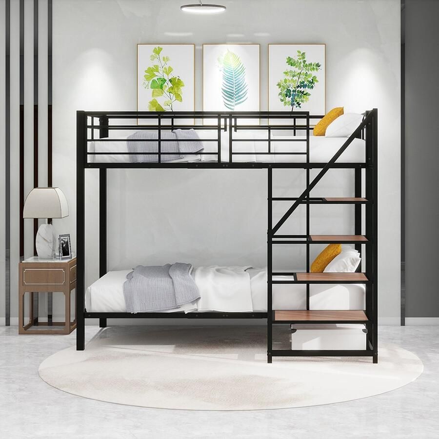 KOMHTOM Stapelbed Kinderbed 90x200 opslagtrap hoge reling zwart