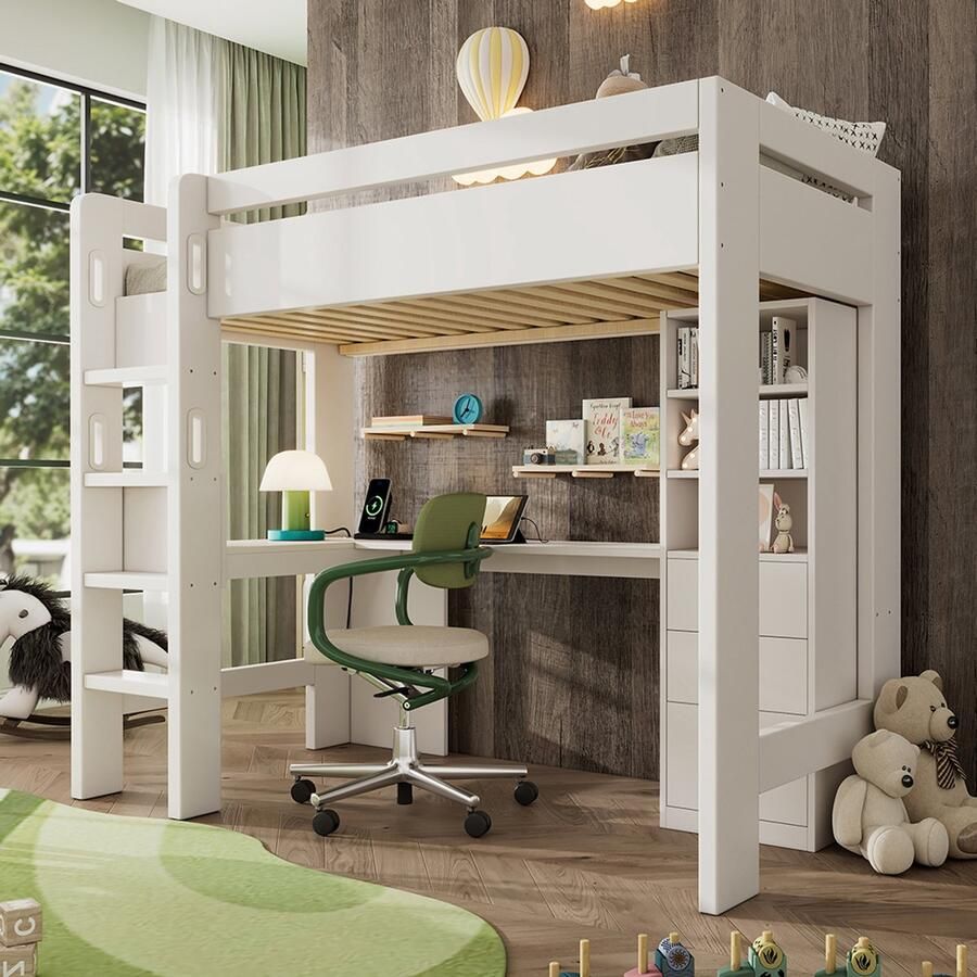 Komhtom Stapelbed voor kinderen met L-vormig bureau planken en lades met USB Type C-oplaadzone eenpersoonsbed voor tieners met ladder en houten lattenbodem 90 × 200 cm wit zonder matras