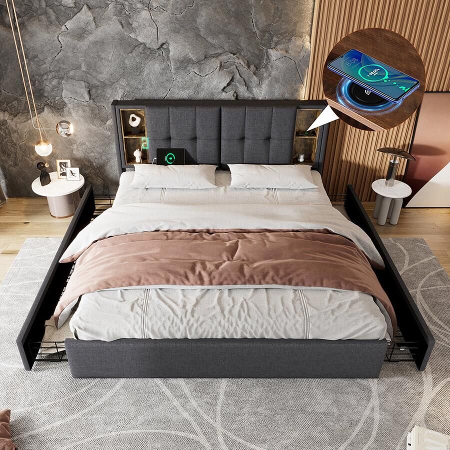 KOMHTOM Tweepersoonsbed 160x200cm Volwassenen Bed met 4 lades fluwelen Beige Met matras