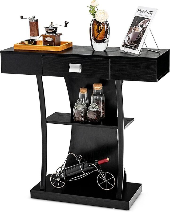 Konsolentisch Schmal Flurtisch mit 3 Ebenen Beistelltisch Holz mit Schublade Sideboard Console Table für Eingang Flur Wohnzimmer Rustikales Braun (Schwarz)