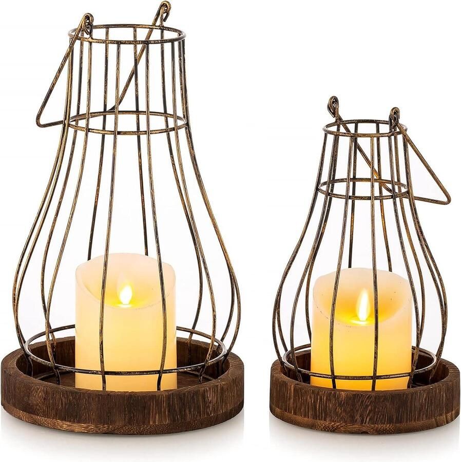 Kooi Lantaarn Kandelaars Met Houten Dienblad Set Van 2 Vintage Draad Distressed Metalen Pilaar Kandelaar Retro Matte Zwarte Kandelaar Houders voor Eettafel Open Haard Mantel Decor