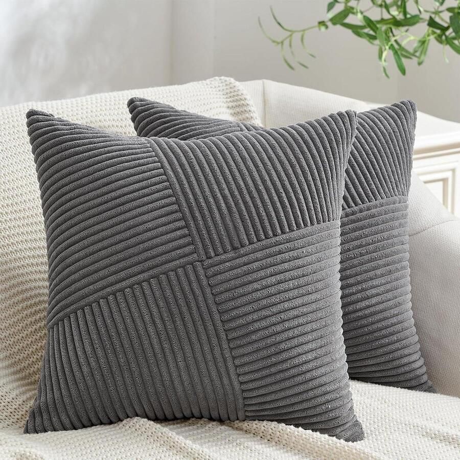 Allecto Plus Kussenhoes 60x60 Donkergrijs Kordsatijn met Windmolen Strepen Patroon Set van 2 Grote Kussenhoezen voor Sofa Decoratief Kussen Patchwork Design Decor Woonkamer Bed Slaapkamer Bank