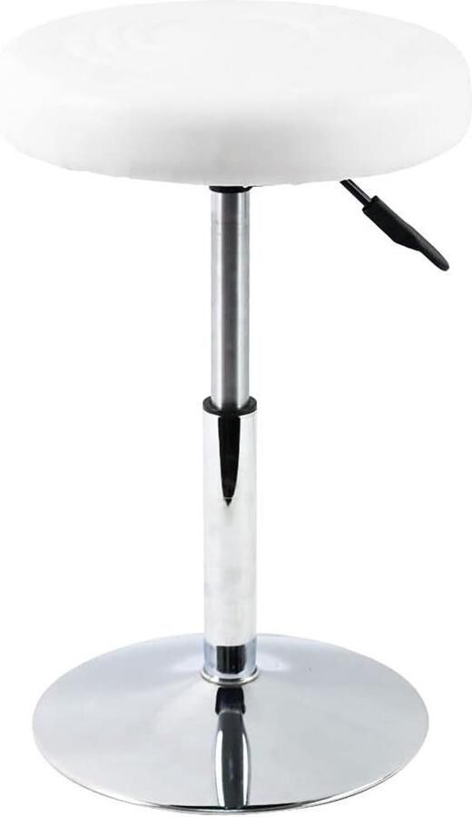 Korte ronde PU leren kapperskruk verstelbaar en draaibaar 1 stuk wit leer