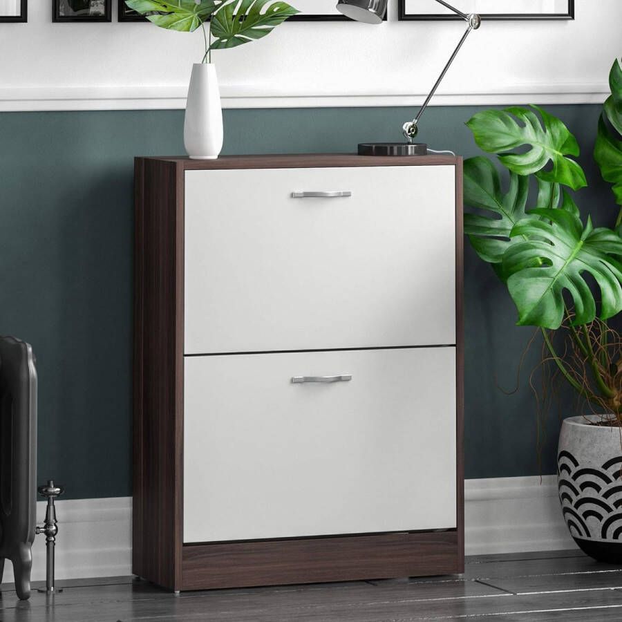 Korting Vida Designs 2 Lade Schoenenkast Kast Schoen Opslag Organizer Pull Down Houten Meubels Houten Eenheid Walnoot en Wit