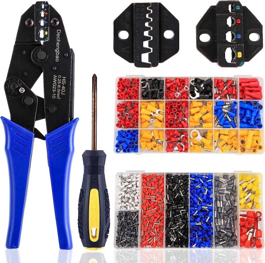 Krimpset voor draadklemmen 2-in-1 krimpgereedschap voor krimptool draadklemmen ratelkrimpgereedschap voor kabels met 2 verifieerbare bakjes en 800 stuks + 370 stuks anansluitklemme