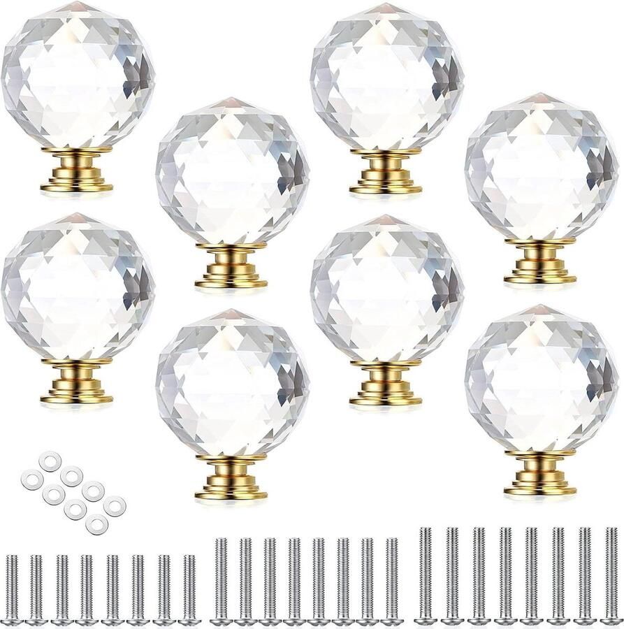 Kristal Glas Lade Knoppen Set van 8 stuks 40mm Ronde Handvat Knop Gouden Decoratie Nachtkastje Dressoir Borst