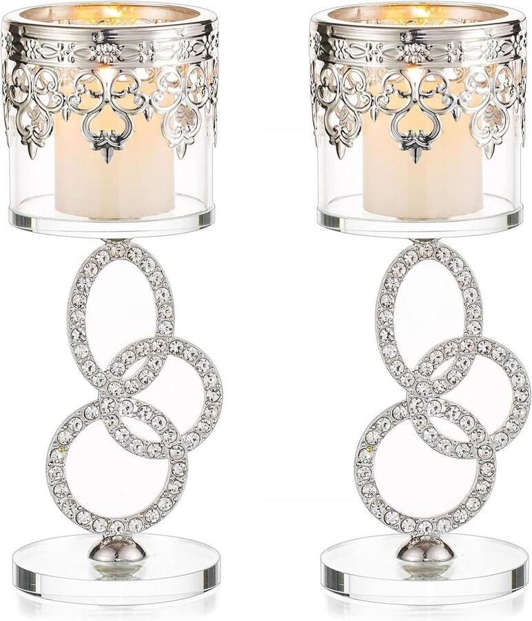 Kristal glas theelichthouder zilver metaal 2 stuks bruiloft eettafel voor stompkaarsen staafkaars verjaardag woonkamer tafeldecoratie