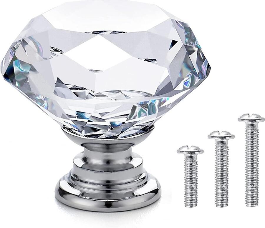 Kristalglazen kastdeurknoppen Heldere diamant 20 stuks Chroom basis
