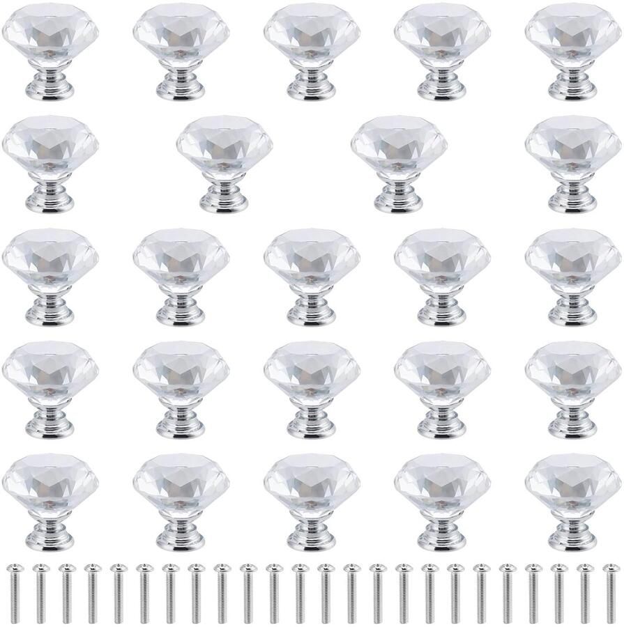 Kristallen deurgrepen 24 stuks 30 mm diamantvormig