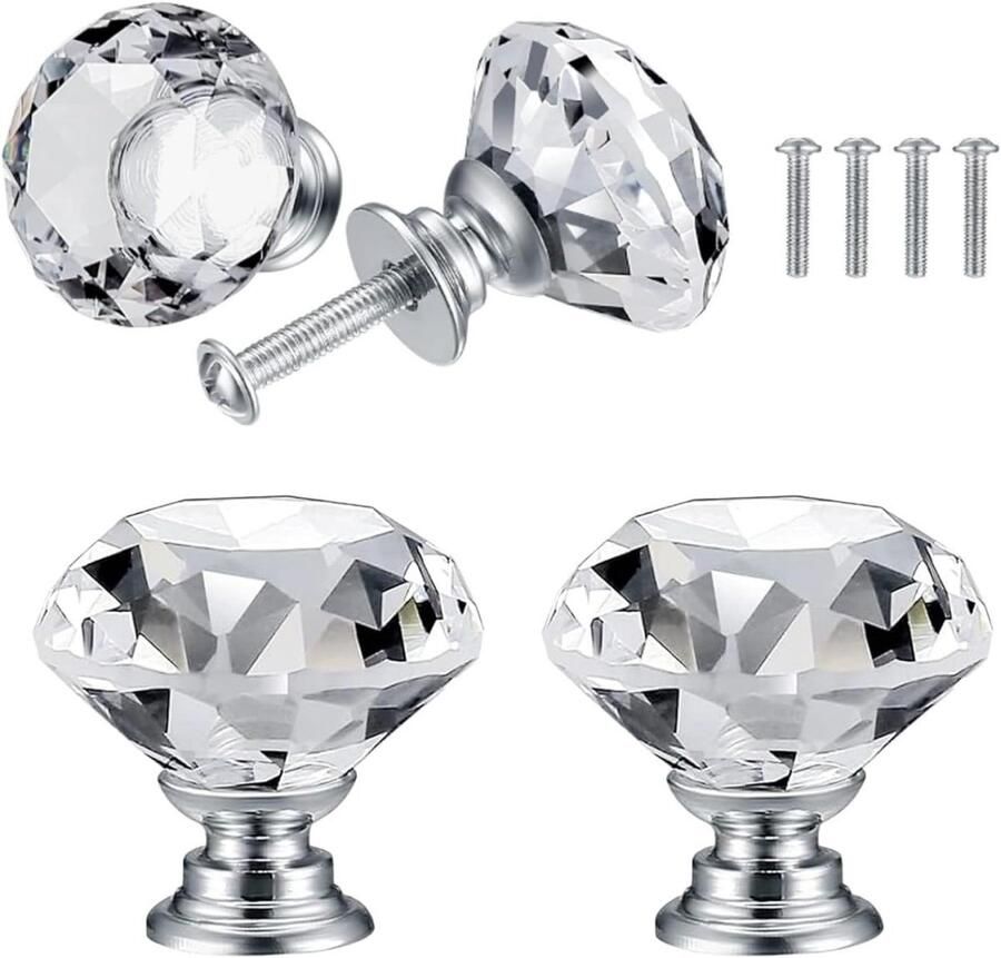Kristallen deurgrepen 4 stuks 3*3*2 8 cm inclusief 25 mm schroeven geschikt voor deurpaneeldikte 20 mm meubelgrepen in diamantvorm kastgrepen in diamantvorm ladegrepen keukengrepen handgrepen in diamantvorm