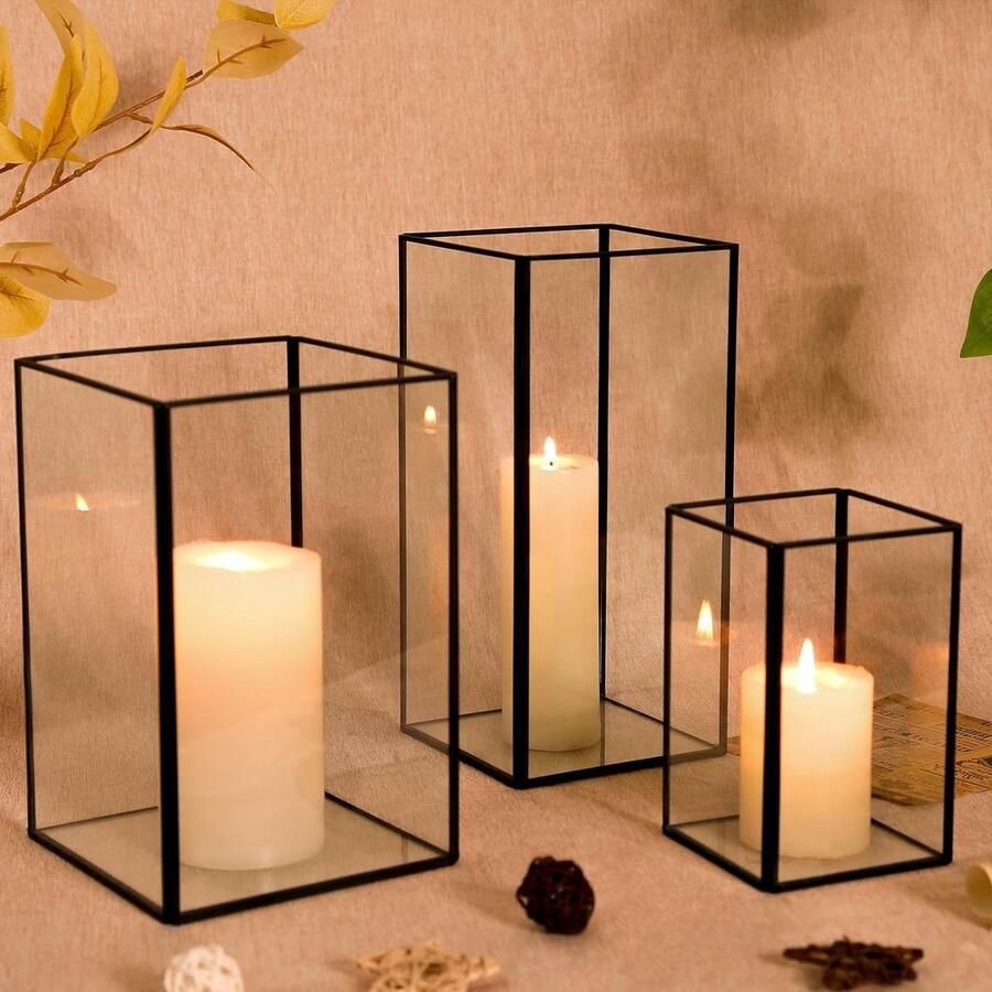 Kristallen glazen kandelaars set van 3 Grote orkaan kandelaars met metalen frame Vierkante zwarte kandelaars voor pijlerkaarsen Voor tafel middenstuk Voor bruiloft Thanksgiving Kerstmis vakantie