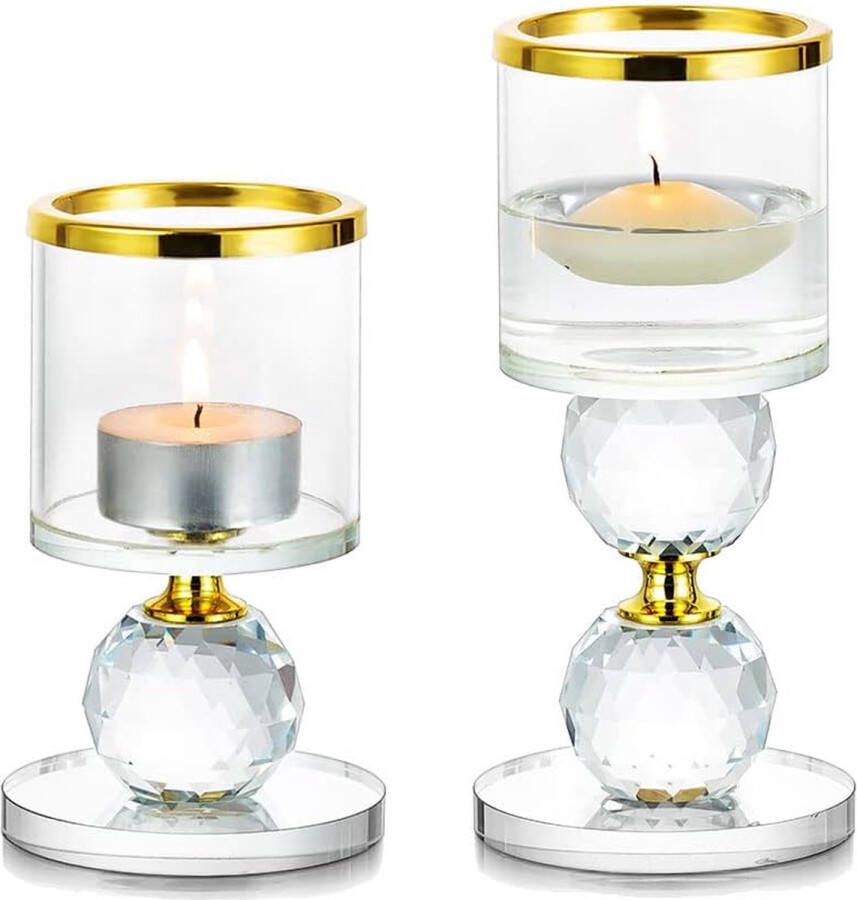 Kristallen kandelaar set van 2 stuks kaarsenhouder theelichthouder glas voor stompkaarsen drijvende kaarsen theelicht geschenk bruiloft woonkamer badkamer tafel huisfeestdecoratie goud