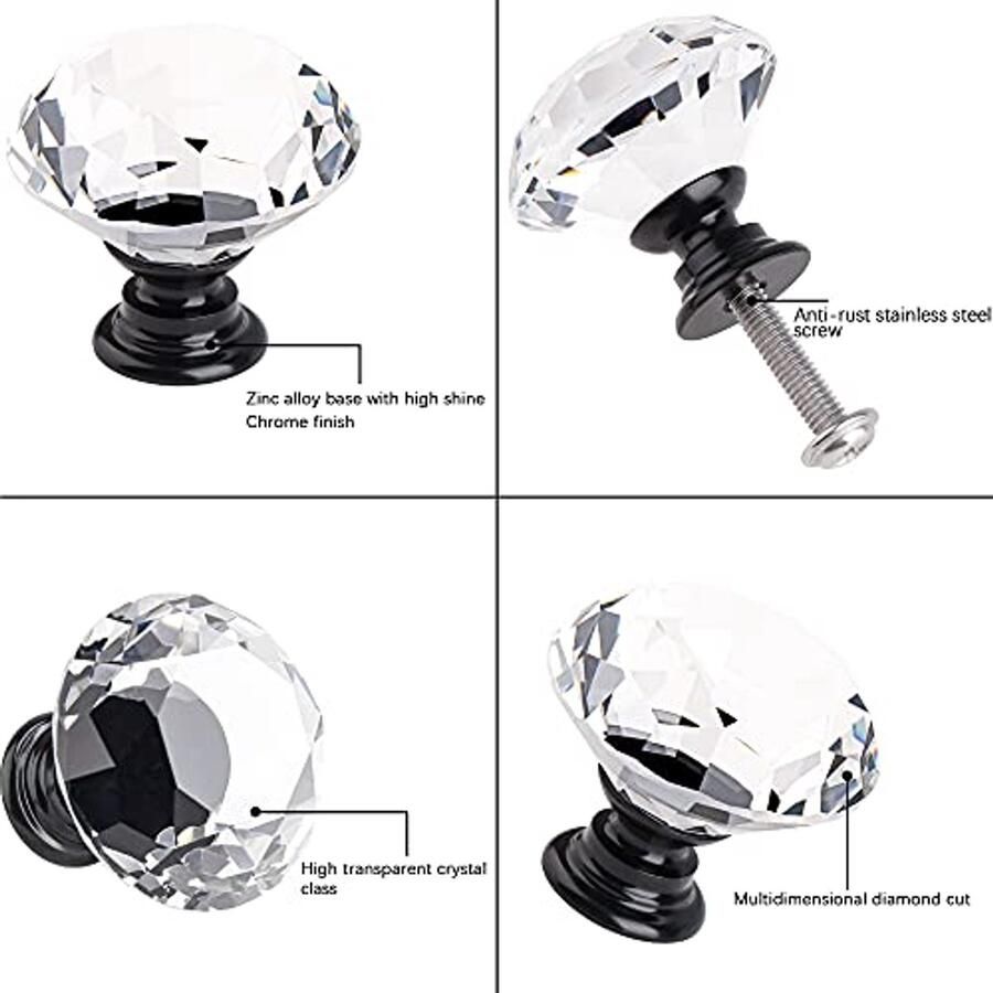 Kristallen Kastdeurknoppen 30 mm 20 stuks met Zwarte Basis