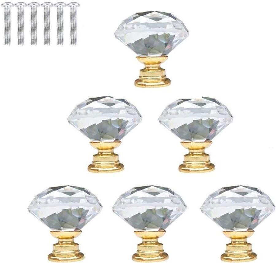 Kristallen Knoppen Set van 6 30mm Helder Glas Diamant Kast Deur Lade Knop Keuken Dresser Kledingkast Trek Handvat met Schroeven voor Thuisdecoratie