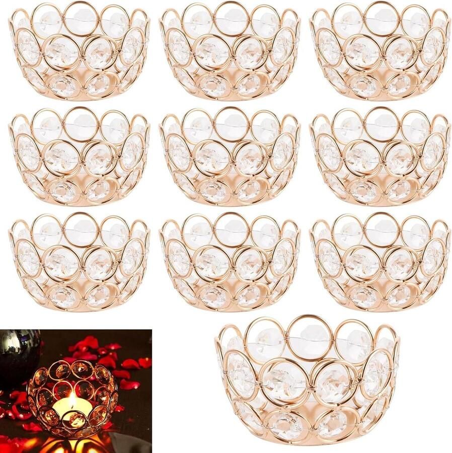 Kristallen theelichthouders set van 10 Gouden metalen kandelaars 8 cm Theelichtjes woondecoratie Windlicht voor eettafel Bruiloft verjaardag feest deco