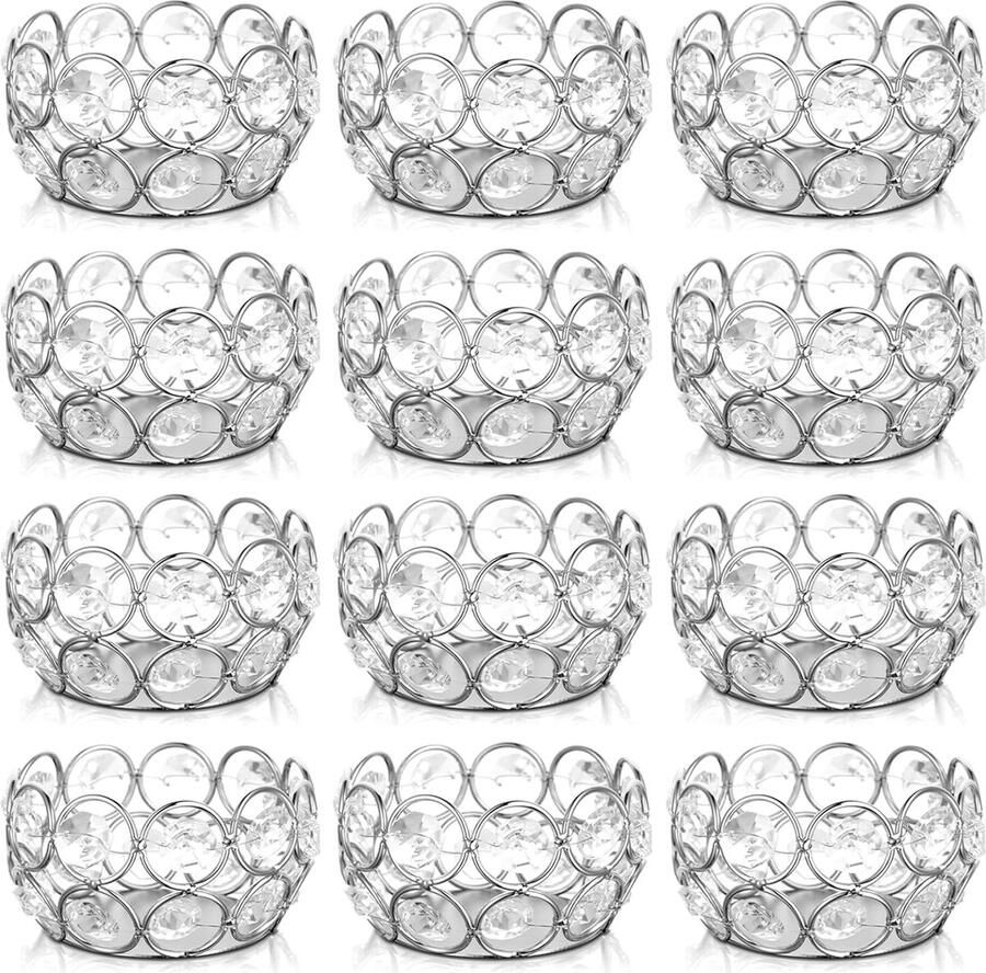 Kristallen Theelichtkaarsenhouders Set van 12 Kleine Votief Theelichtjeshouder voor Bruiloft Verjaardag Kerstfeest Festival Thanksgiving Ronde Decoratief Thuis Tafel Middelpunt Bulk 8cm Zilveren rand