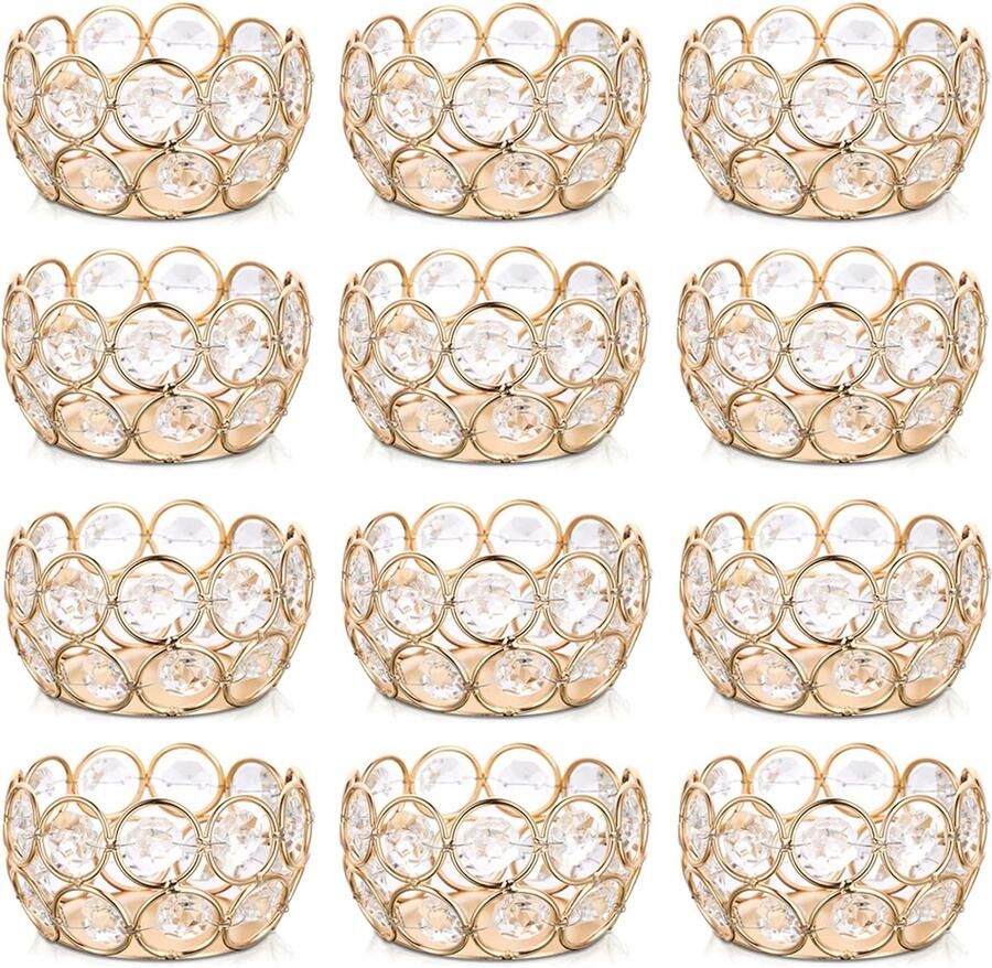 Kristallen Theelichtkaarshouders Set van 12 Kleine Votief Theelichtjeshouder voor Bruiloft Verjaardag Kerstfeest Festival Thanksgiving Ronde Decoratief Thuis Tafel Middelpunt Bulk 8cm Gouden Rand