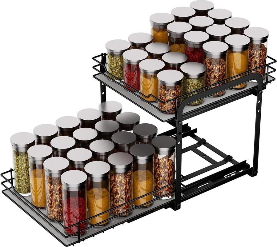 Kruidenrek kastorganizer uitschuifbaar en in hoogte verstelbaar 2 etages keukenkast organiser met onafhankelijke manden