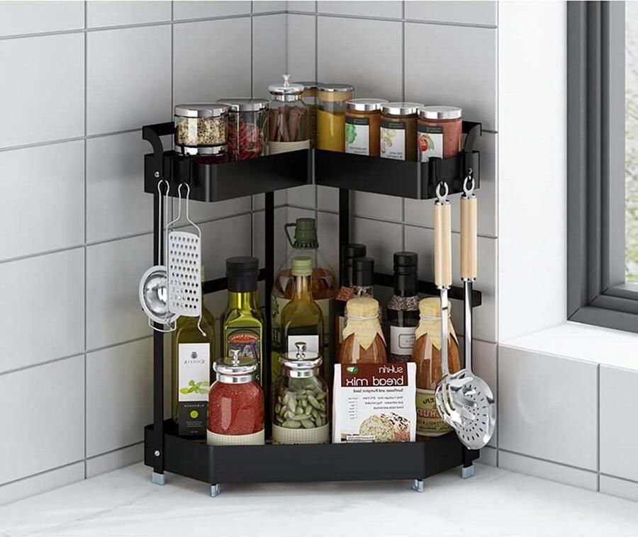 Kruidenrek opbergrek 2 laags hoekteller plank roestvrij staal keukenruimte maximaliseren