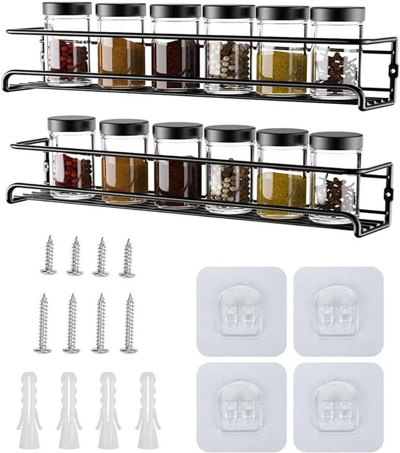 Kruidenrek Organizer voor kasten of wandmontage Set van 2 4 Hangende rekken Geschikt voor 12 24 kruidenpotten Voor keukenkast of voorraaddeur 29 x 6 x 6 cm (zwart 2-pack)