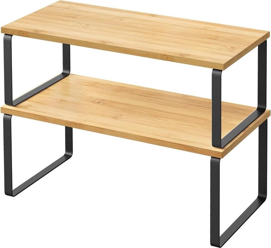 Kruidenrek set van 2 keuken organisers keukenplank kast organiser uitbreidbaar kleine plank stapelbaar metaal en hout inkt-zwart-natuurbeige