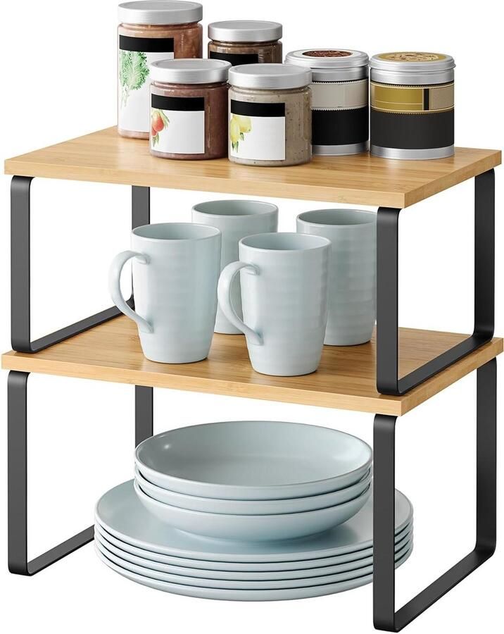 Kruidenrek set van 2 keukenrek keukenorganiser uitbreidbaar kruidenhouder stapelbaar gemaakt van metaal en bamboe zwart-naturel kleur KCS02NB (SONGMICS)