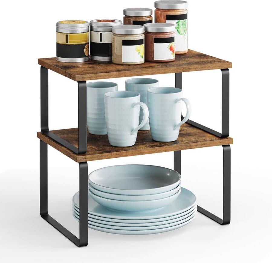 Kruidenrekjes set van 2 keukenplanken uitzetbare keukenopbergers stapelbaar gemaakt van metaal en spaanplaat legbordinzet voor keukenkastje keuken vintage bruin-zwart KCS020X01