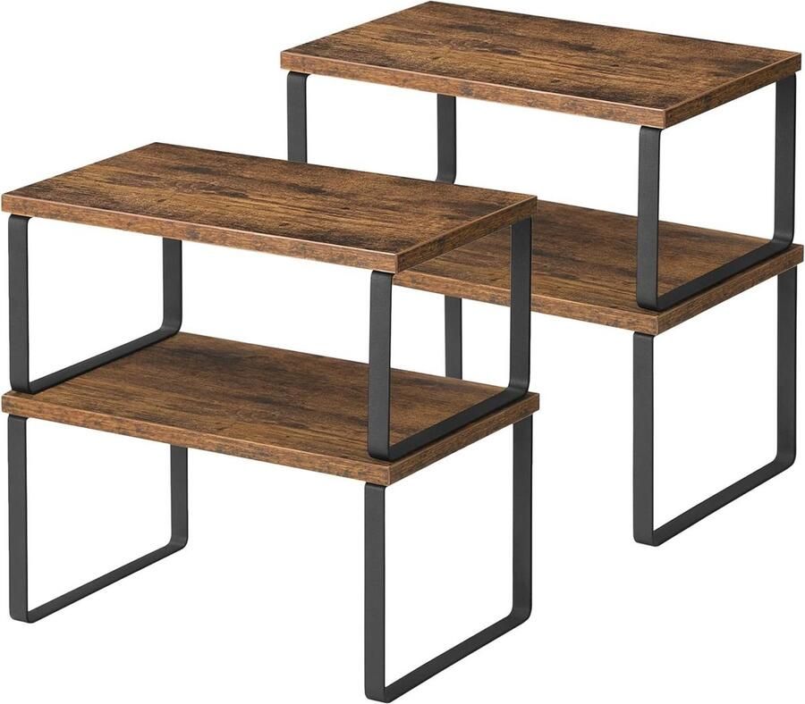 Kruidenrekjes set van 4 uitzetbare keukenplanken Stapelbaar metaal en spaanplaat legbordinzet voor keukenkastje vintage bruin-zwart