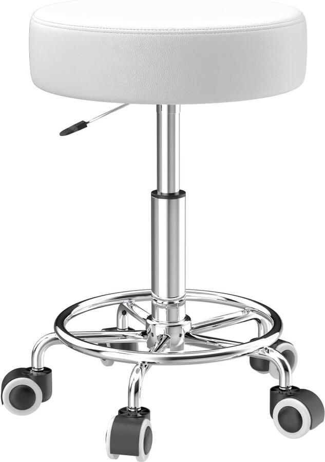 Kruk in hoogte verstelbaar 49-63 cm rolkruk met voetensteun voor ontspanning van het lichaam compact comfortabel en licht PU-lederen kruk met wielen draaikruk werkkruk kapperskruk bureaukruk Wit