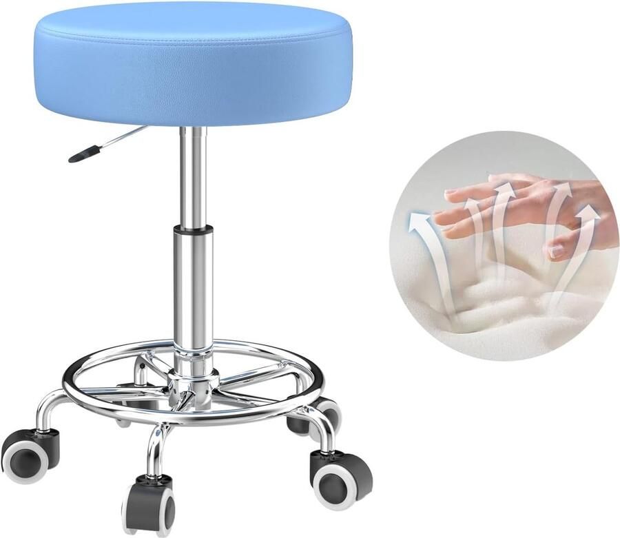 Kruk in hoogte verstelbaar 49-63 cm rolkruk met voetensteun voor ontspanning van het lichaam compact comfortabel en licht PU-lederen kruk met wielen draaikruk werkkruk kapperskruk bureaukruk blauw