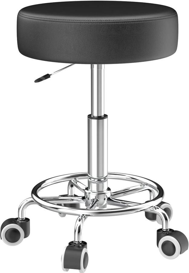 Kruk in hoogte verstelbaar 49-63 cm rolkruk met voetensteun voor ontspanning van het lichaam compact comfortabel en licht PU-lederen kruk met wielen draaikruk werkkruk kapperskruk bureaukruk Zwart