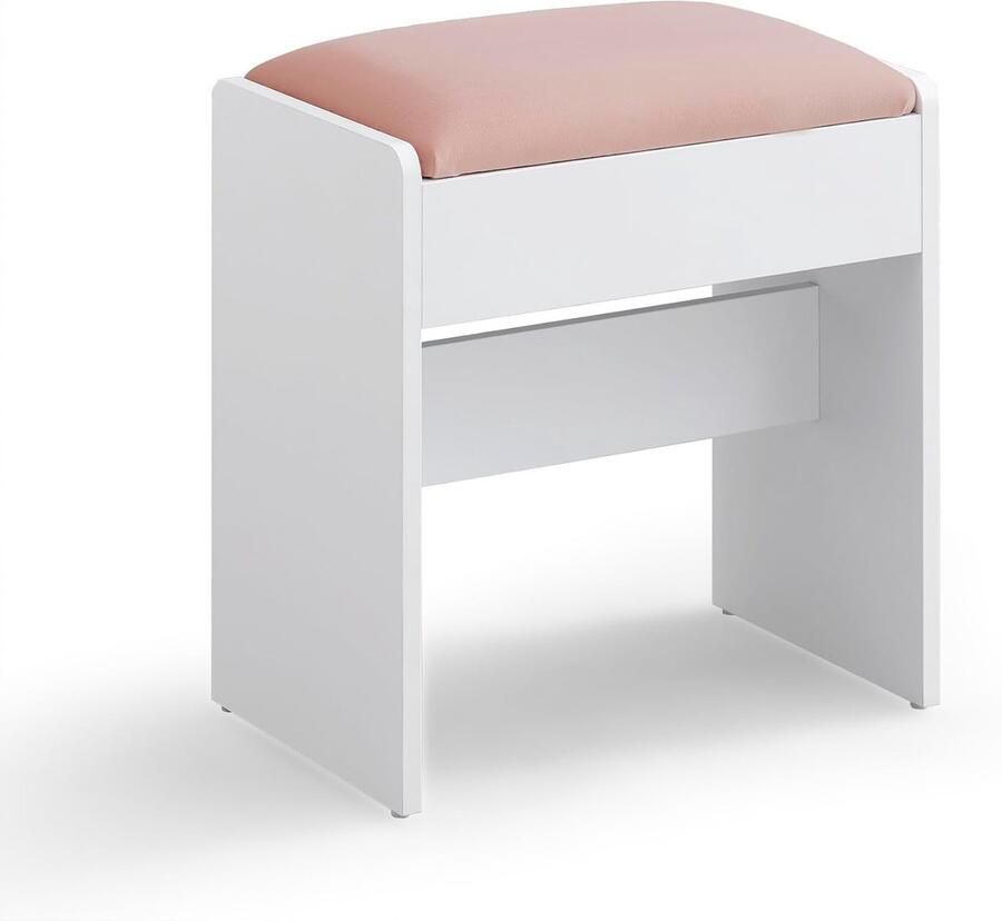 Kruk make-upkruk met antislipvoetjes en extra dik zacht zitkussen stevig en duurzaam houten frame modern en eenvoudig design geschikt voor kleedkamer slaapkamer en hal 28 6 x 45 x 45 cm wit + roze