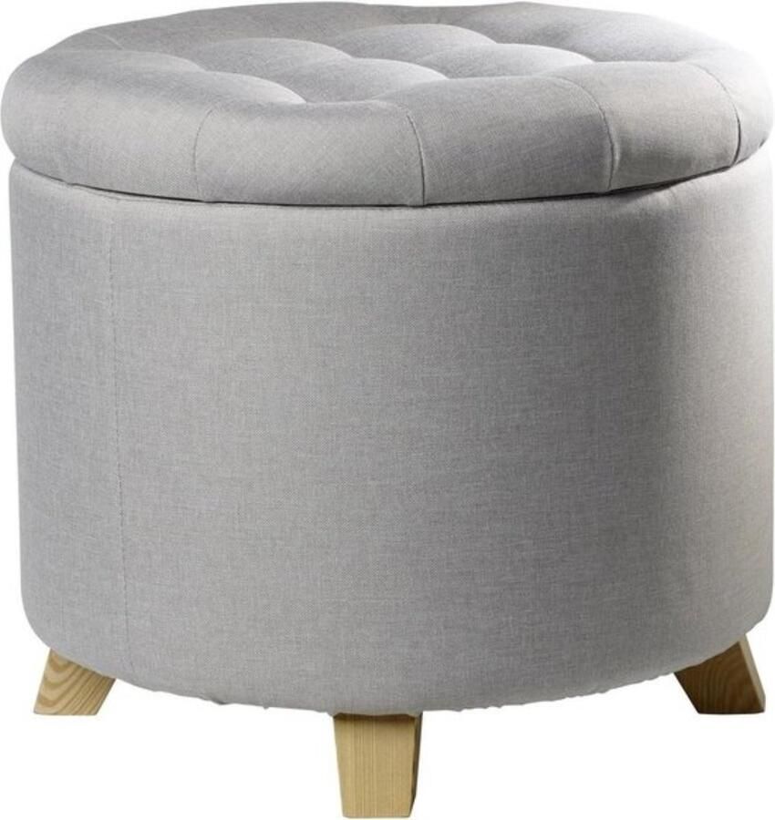 Kruk Mary voetenbank met opbergruimte ronde opbergkist gevoerde zitting 45 x 45 x 41 cm grijs slaapkamer en woonkamer houten poten. Kruk met opbergruimte