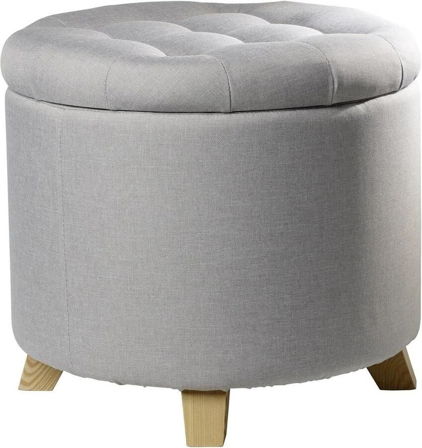 Kruk Mary voetenbank met opbergruimte ronde opbergkist gevoerde zitting 45 x 45 x 41 cm grijs slaapkamer en woonkamer houten poten. Kruk met opbergruimte
