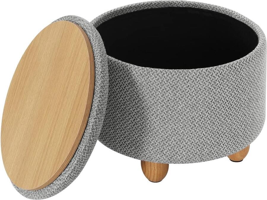 Kruk met opbergruimte ronde kruk voetenbank met deksel gevoerde kruk met massief houten poten linnen bekleding Ø39x33 cm lichtgrijs SH77hgr