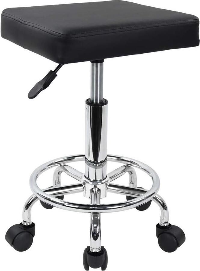 Kruk met wieltjes van kunstleer in hoogte verstelbaar 46-61 cm zwart Ergonomische werkkruk