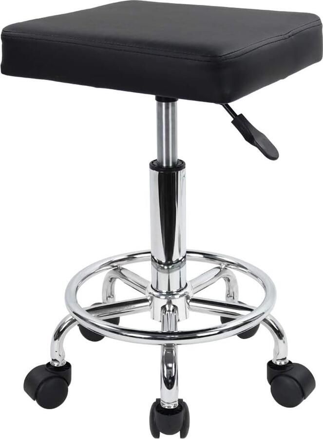 Kruk met wieltjes werkkruk van kunstleer in hoogte verstelbaar 46-61 cm zwart