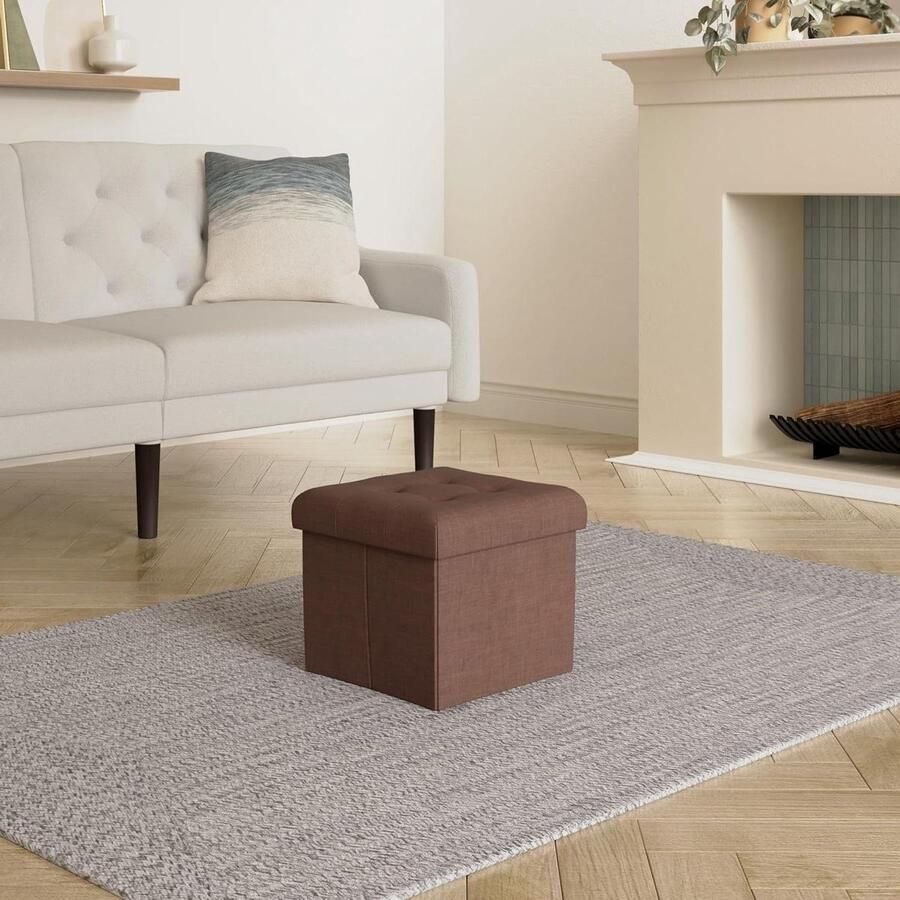 Opvouwbare zitkist met opbergruimte en beklede zitting linnen 38 x 38 x 38 cm (bruin) Kruk