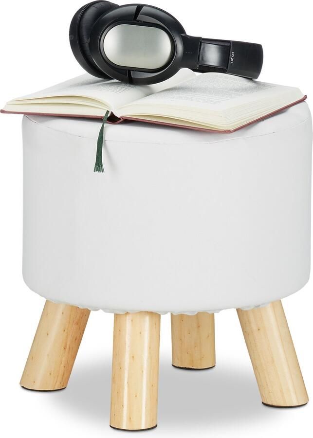 Krukje kunstleer gepolsterd 4 houten pootjes rond 30 x 30 cm wit