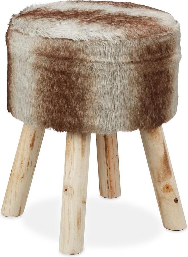Relaxdays krukje met vacht houten poten 42 x 33 cm decoratie landelijk rond voetenbankje