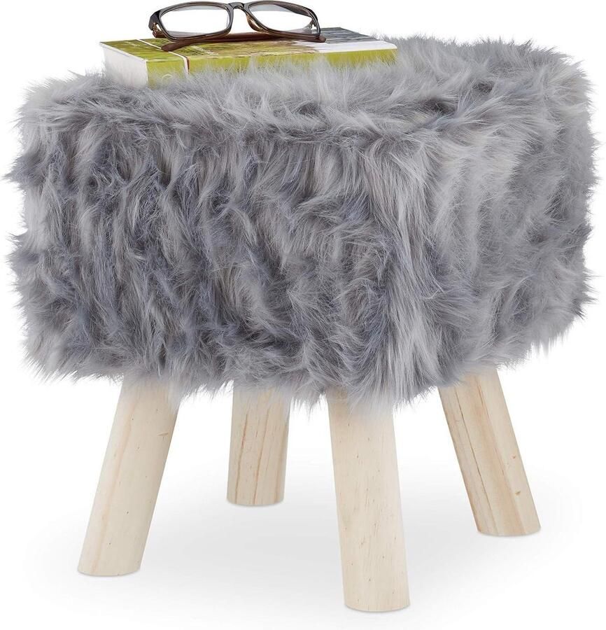 Krukje met vacht Poef met houten poten Zit & voetenbank Kaptafel HBD 37 x 32 x 32 cm Grijs