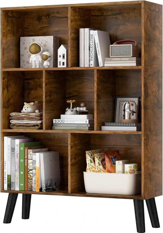 Kubus-Boekenkast met 3 Verdiepingen – Moderne Open Boekenkast van Bruin Hout met Poten Retro Design Vrijstaand Opbergrek voor Woonkamer of Slaapkamer