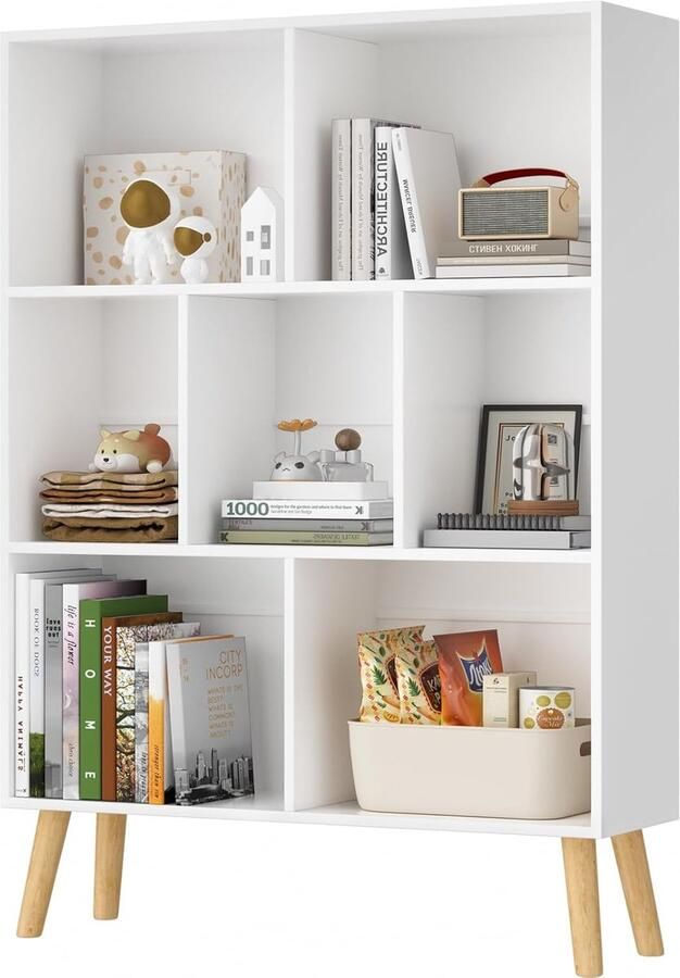 Kubus-Boekenkast met 3 Verdiepingen – Moderne Open Boekenkast van Wit Hout met Poten Retro Design Vrijstaand Opbergrek voor Woonkamer of Slaapkamer