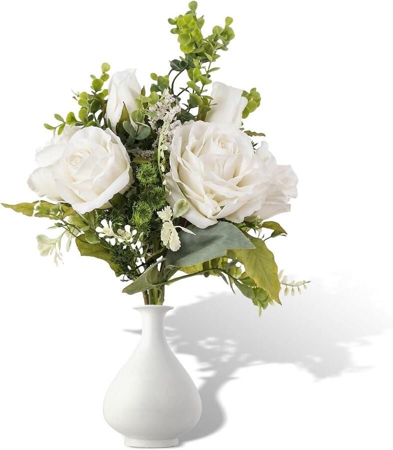 Kunstbloemen boeket witte rozen en pioenrozen in vaas voor bruiloft en woondecoratie zijden bloemen voor tafel Allecto Plus